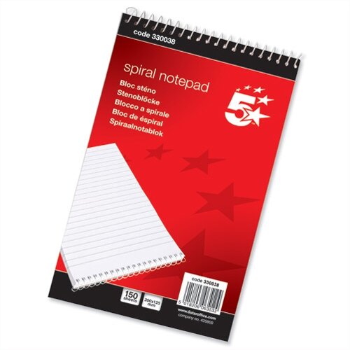 Ruled Spiral Notepad 200 x 125 Headbound 300 Pages Pack 10 5 Star