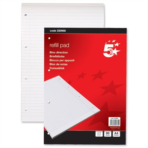 A4 Refill Pad Headbound with Margin 4 Hole Punched 80 Sheets Pack 10 5 Star