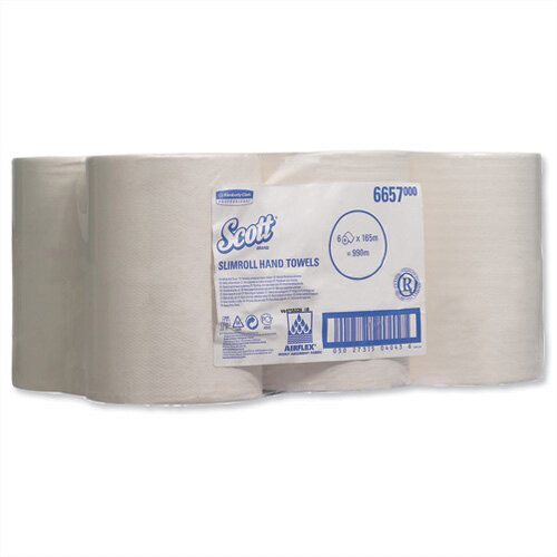 Kimberly Clark Scott White Slimroll 1 Ply Paper Hand Towel Rolls Each 165m Long (6 Rolls) 6657