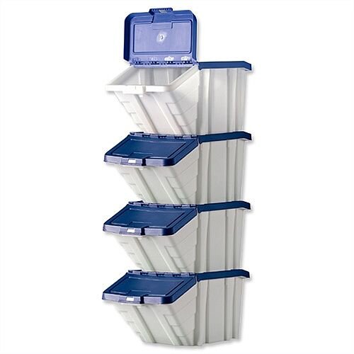 Barton Storage Container Bin 50L 30kg Load White and Blue Lid Pack 4