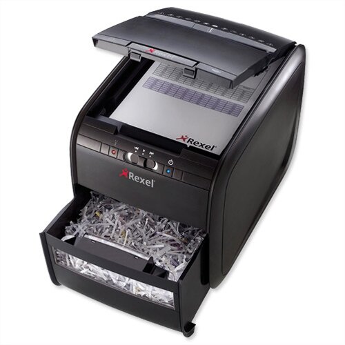 Rexel AutoPlus 60X Paper Shredder Confetti Cross Cut With P-3 Security - Fast, hands-free operation. Stack up to 60 sheets of paper inside, close the lid and walk away. Also shreds credit cards. Rexel AutoPlus 60X Paper Shredder Confetti Cross Cut With P-3 Security - Fast, hands-free operation. Stack up to 60 sheets of paper inside, close the lid and walk away. Also shreds credit cards.