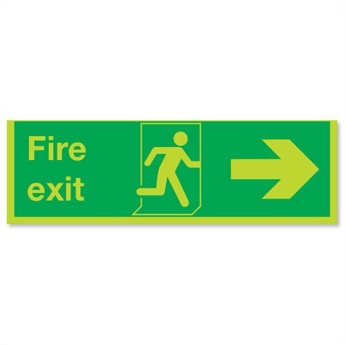 Safety Sign Niteglo Glow In The Dark Fire Exit Running Man Arrow Right 150x450mm PVC