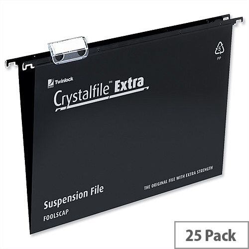 Rexel Crystalfile Extra Foolscap Vertical Suspension File Black Plastic 15mm Pack 25 Rexel Crystalfile Extra Foolscap Vertical Suspension File Black Plastic 15mm Pack 25
