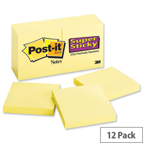 Post-it Super Sticky Removable Notes Pad 90 Sheets 76x76mm Canary Yellow Pack 12 Post-it Super Sticky Removable Notes Pad 90 Sheets 76x76mm Canary Yellow Pack 12