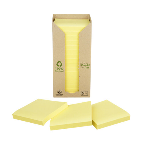 Post-it Recycled Notes, Canary Yellow, 76 mm x 76 mm, 16 Pads