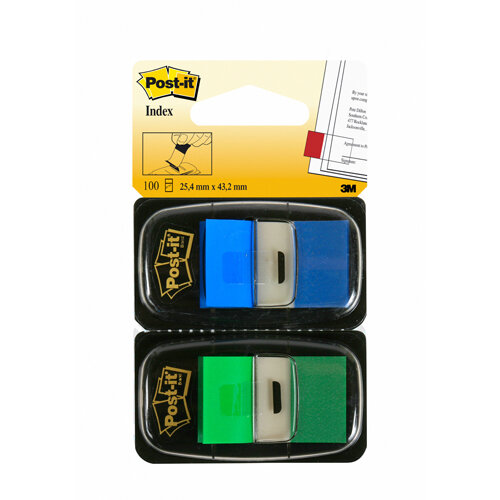 Post-it Index Medium In a Plastic Dispenser Dual Pack Green and Blue 2Packs of 50 Sheets