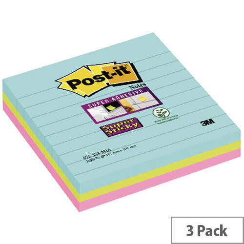 Post-it Super Sticky Lined Notes Miami XL 101 x 101mm 675-SS3-MIA