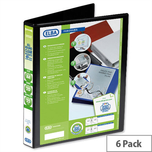 Elba Presentation A4 Ring Binder 25mm Capacity Black 2 D-Ring Pack 6 400008411