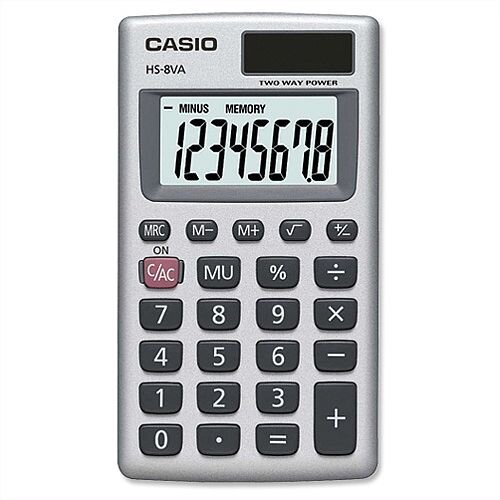 Casio Handheld Calculator 8 Digits Battery/Solar Power HS8V-S-U-H