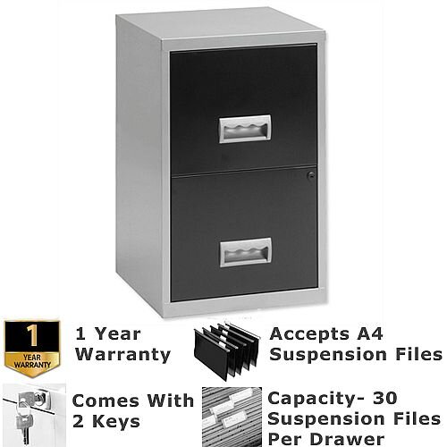 Pierre Henry A4 2 Drawer Steel Filing Cabinet Lockable Silver/Black  