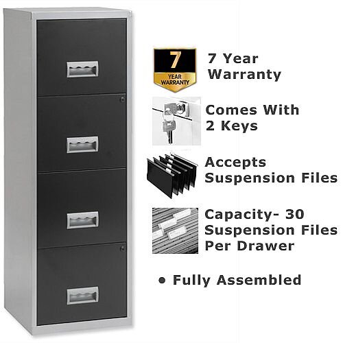 Pierre Henry A4 4 Drawer Steel Filing Cabinet Lockable Silver/Black Pierre Henry A4 4 Drawer Steel Filing Cabinet Lockable Silver/Black