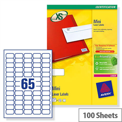 Avery L7651-100 Mini Labels Laser 65 per Sheet 38.1x21.2mm White 6500 Labels