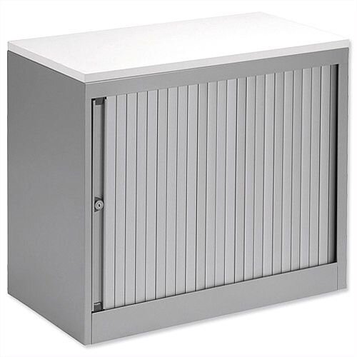 Bisley Silver Desk High Tambour Cupboard Silver Shutters White Top Height 720mm