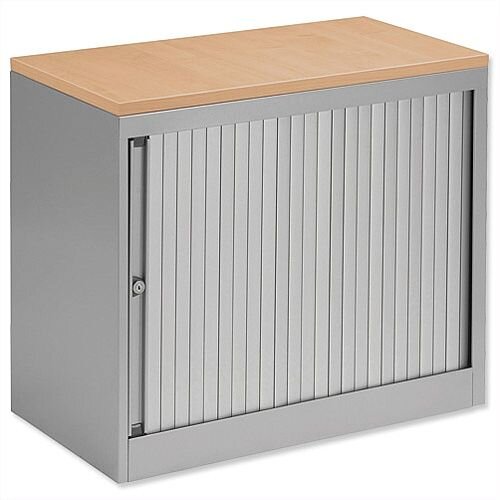 Bisley Silver Desk High Tambour Cupboard Silver Shutters Oak Top Height 720mm Bisley Silver Desk High Tambour Cupboard Silver Shutters Oak Top Height 720mm