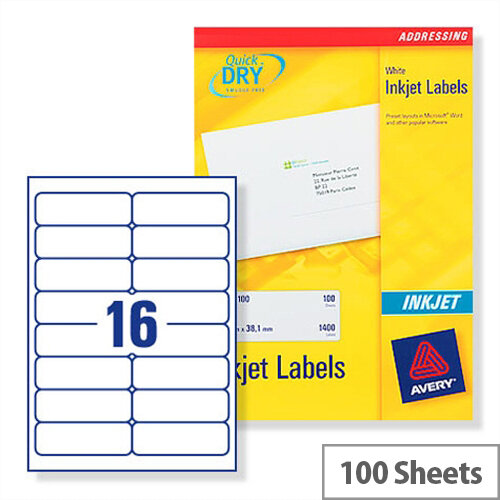 Avery Quickdry Inkjet Label 16 Per Sheet (Pack of 100)