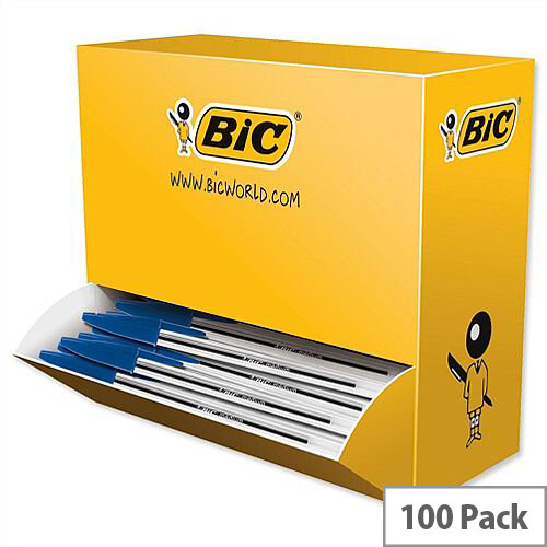 Bic Cristal Ballpoint Pen Clear Barrel Blue Pack 90 plus 10 FREE