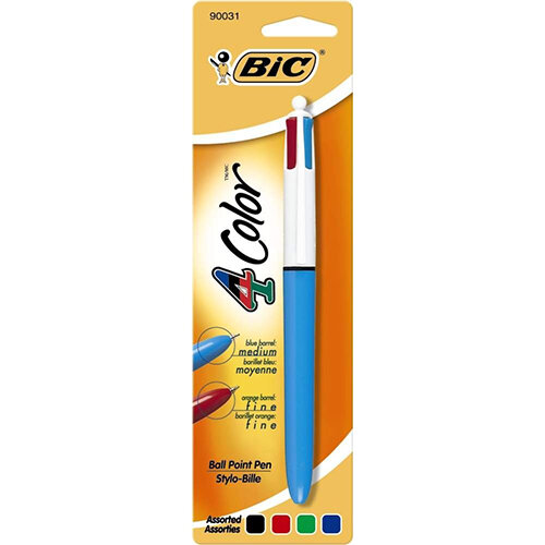 BIC 4 Colours Clip-On Retractable Ballpoint Pen – 1mm Tip 0.4 Width, Black/Blue/Red/Green, Smooth Sliders, Chunky Barrel, PVC & Refillable Ink (801867)