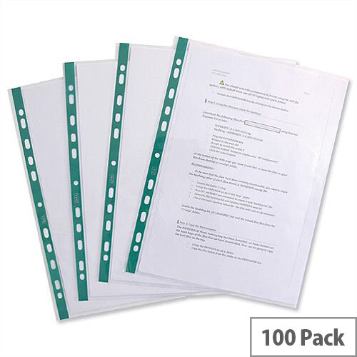 Elba Glass Clear Multipunched Pocket Green Strip 55 Micron A4 202908 Pack 100