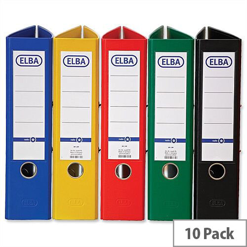 Elba Lever Arch File A4 Coloured Paper Over Board 80mm Spine Assorted Pack 10