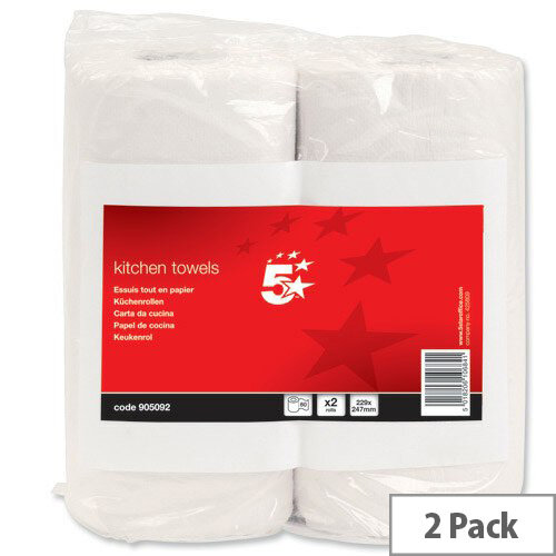 5 Star Kitchen Paper Towels Rolls 229x247mm Sheets 60 per Roll Pack 2 905092 