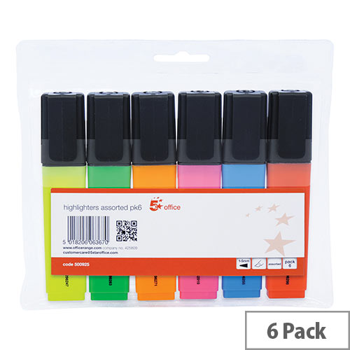 5 Star Chisel Tip Highlighters Pens Assorted Colours - Pack of 6 