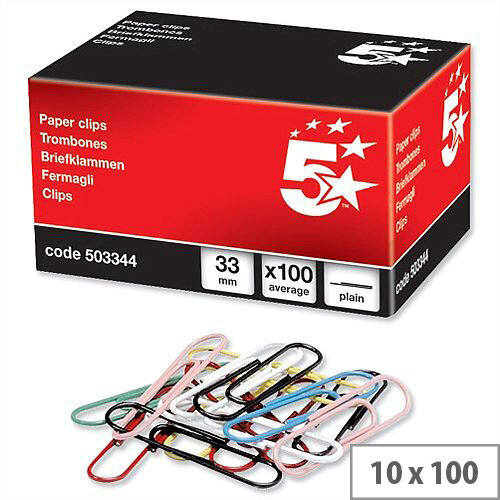 Assorted Colours Paper Clips Metal 33mm Pack 10 x 100 5 Star Assorted Colours Paper Clips Metal 33mm Pack 10 x 100 5 Star