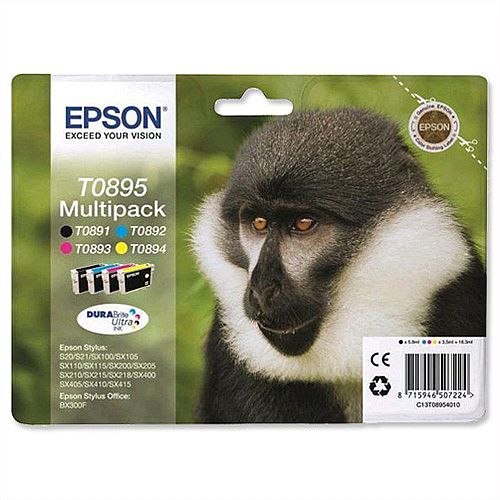 Epson T0895 4-Colour Ink Cartridge Black/Cyan/Magenta/Yellow Monkey Series C13T08954010 Epson T0895 4-Colour Ink Cartridge Black/Cyan/Magenta/Yellow Monkey Series C13T08954010