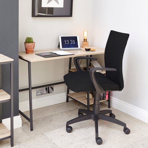 Home Office Bundle - Industrial Style Home Office Bench Desk in Charter Oak With Matching Bookcase &Black Work Fabric Modern Design High Back Office Chair Home Office Bundle - Industrial Style Home Office Bench Desk in Charter Oak With Matching Bookcase &Black Work Fabric Modern Design High Back Office Chair