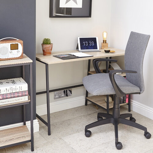 Home Office Bundle - Industrial Style Home Office Bench Desk in Charter Oak With Matching Bookcase & Grey Work Fabric Modern Design High Back Office Chair