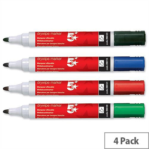 5 Star Dry-wipe Markers Assorted Colours Bullet Tip Pack 4. Xylene & Toluene Free Making Them Suitable For Use By Kids & Children. Ideal For Schools, Colleges, Offices, Homes & More.