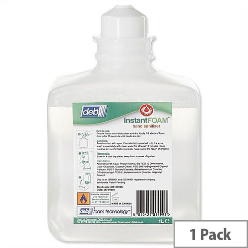 DEB Foam Hand Sanitiser Refill Cartridge 1 Litre (Pack 1) DIS1000ML DEB Foam Hand Sanitiser Refill Cartridge 1 Litre (Pack 1) DIS1000ML