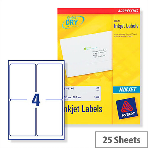 Avery White Quickdry Inkjet Labels 4 Per Sheet Pack of 100 Ref J8169-25 Avery White Quickdry Inkjet Labels 4 Per Sheet Pack of 100 Ref J8169-25