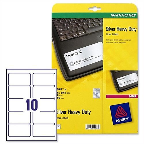 Avery L6012-20 Silver Heavy Duty Labels Laser 99.1x57.0mm 200 Labels Avery L6012-20 Silver Heavy Duty Labels Laser 99.1x57.0mm 200 Labels