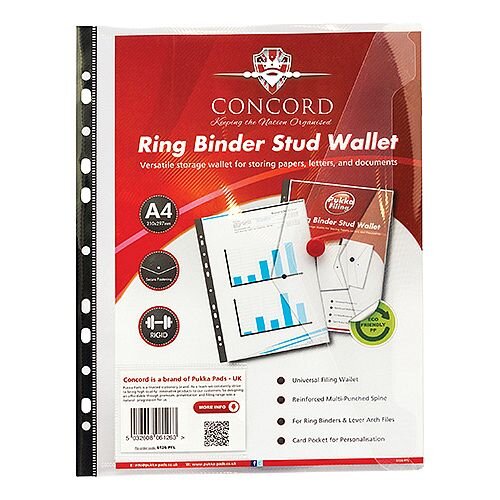 Concord Ring Binder Stud Wallet Polypropylene with Card Pocket 180 Micron A4 Clear Ref 6126-PFL Pack 5 Concord Ring Binder Stud Wallet Polypropylene with Card Pocket 180 Micron A4 Clear Ref 6126-PFL Pack 5
