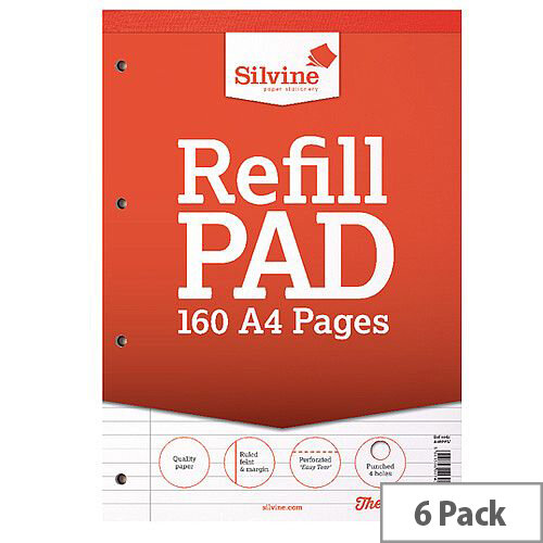 Silvine A4 Refill Pad Headbound Perforated Punched 160 Pages Pack 6