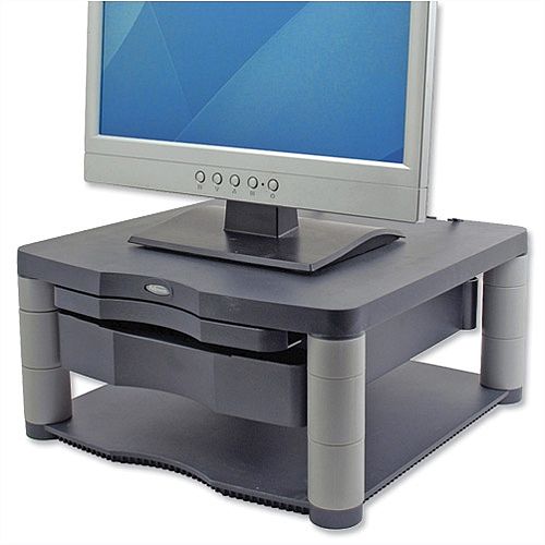 Fellowes Monitor Riser – 21”, Max Weight Capacity 36kg, Graphite, 5 Adjustable Height Positions, Extra 51mm Storage, FIRA Approval &100% Recycled Plastic (9169501) Fellowes Monitor Riser – 21”, Max Weight Capacity 36kg, Graphite, 5 Adjustable Height Positions, Extra 51mm Storage, FIRA Approval &100% Recycled Plastic (9169501)
