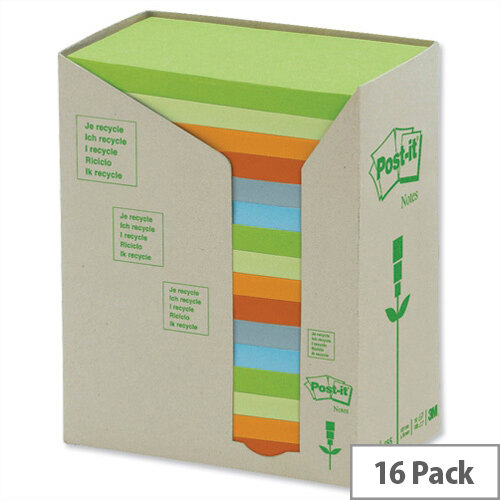 Post-it Notes Pad Recycled Tower Pack 76x127mm Pastel Rainbow Pack 16