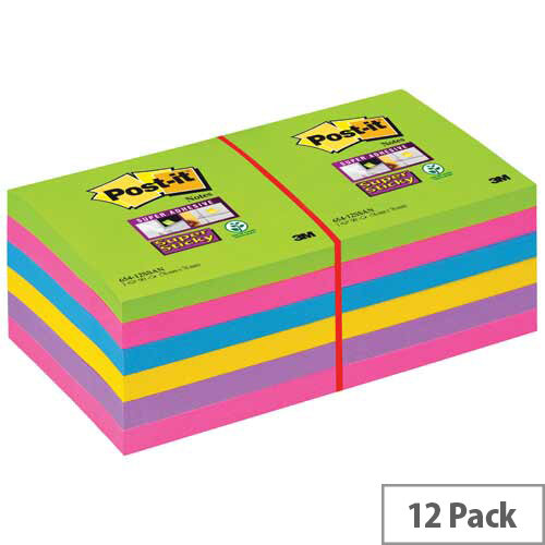 Post-it Super Sticky Removable Notes Pad 76x76mm 90 Sheets Ultra Assorted Pack 12