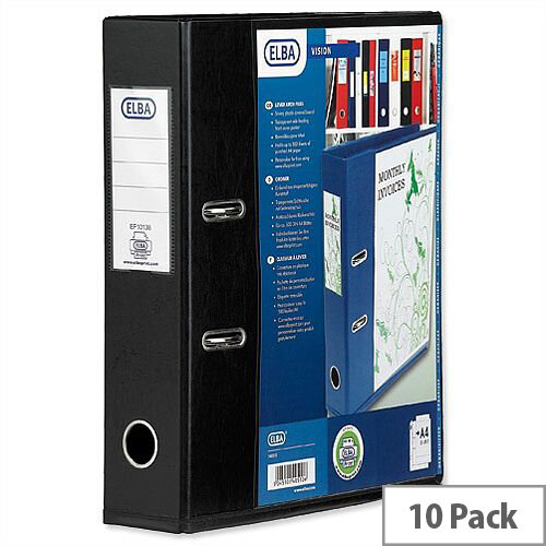 Elba Lever Arch File with Clear PVC Cover 70mm Spine A4 Black Pack of 10 Elba Lever Arch File with Clear PVC Cover 70mm Spine A4 Black Pack of 10