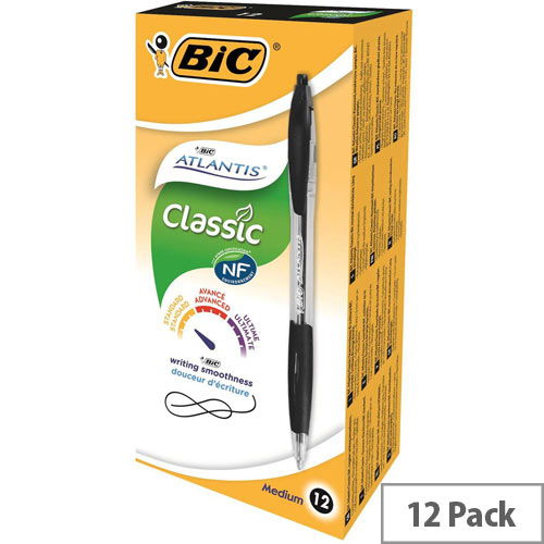 Bic Atlantis Retractable Ballpoint Pen Black Cushioned Grip Pack 12