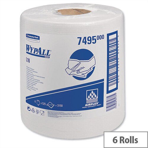Kimberly-Clark Wypall L10 White Centrefeed Cleaning Roll Wipers Airflex 525 Sheets per 185x380 Pack 6 Ref 7495 Kimberly-Clark Wypall L10 White Centrefeed Cleaning Roll Wipers Airflex 525 Sheets per 185x380 Pack 6 Ref 7495