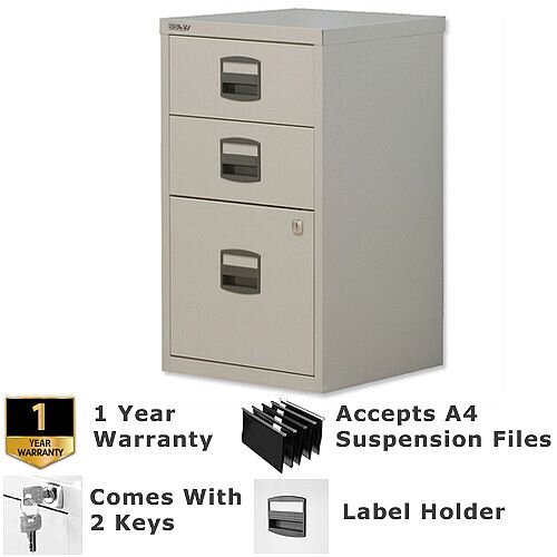 1 Filing & 2 Stationery Drawer A4 Steel Filing Cabinet Lockable Grey Bisley PFA Home Filers