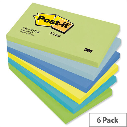 Post-it Colour Notes Pad 76x127mm of 100 Sheets Cool Neon Rainbow Pack 6