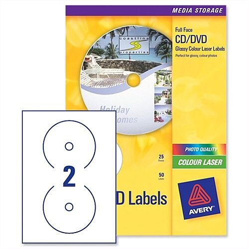 Avery CD DVD Labels Laser 2 per Sheet Photo Quality Glossy Colour L7760-25 50 Labels Avery CD DVD Labels Laser 2 per Sheet Photo Quality Glossy Colour L7760-25 50 Labels