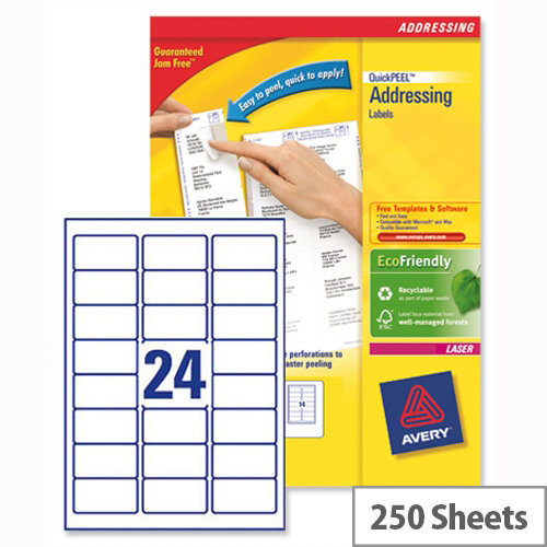 Avery L7159-250 Address Labels Laser 24 per Sheet 63.5x33.9mm White 6000 Labels Avery L7159-250 Address Labels Laser 24 per Sheet 63.5x33.9mm White 6000 Labels
