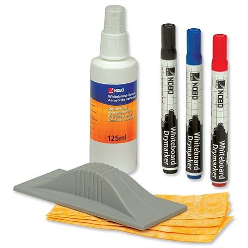 Nobo Whiteboard Kit Eraser and Cleaner and 3 Drywipe markers Assorted