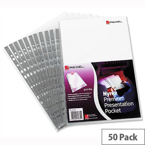 Rexel Nyrex A4 Presentation Pockets Multipunched Clear 90 Micron Pack 50