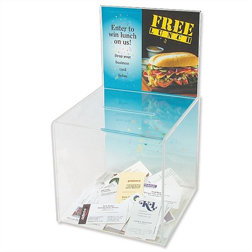 Business Card Collection Box With Sign Holder Clear DE66001 Business Card Collection Box With Sign Holder Clear DE66001