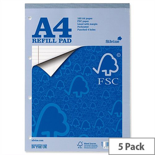 Silvine A4 Refill Pad FSC Headbound Ruled Margin 4-Hole 80 Sheets Pack 5 Silvine A4 Refill Pad FSC Headbound Ruled Margin 4-Hole 80 Sheets Pack 5