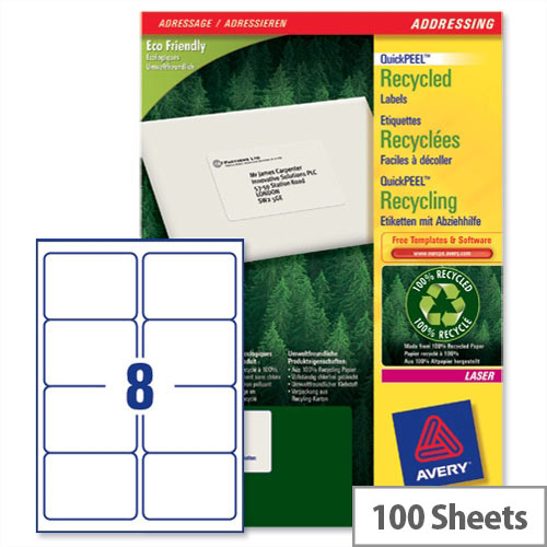 Avery LR7165-100 Labels Laser 8 per Sheet Recycled 99.1 x 67.7mm 800 Labels